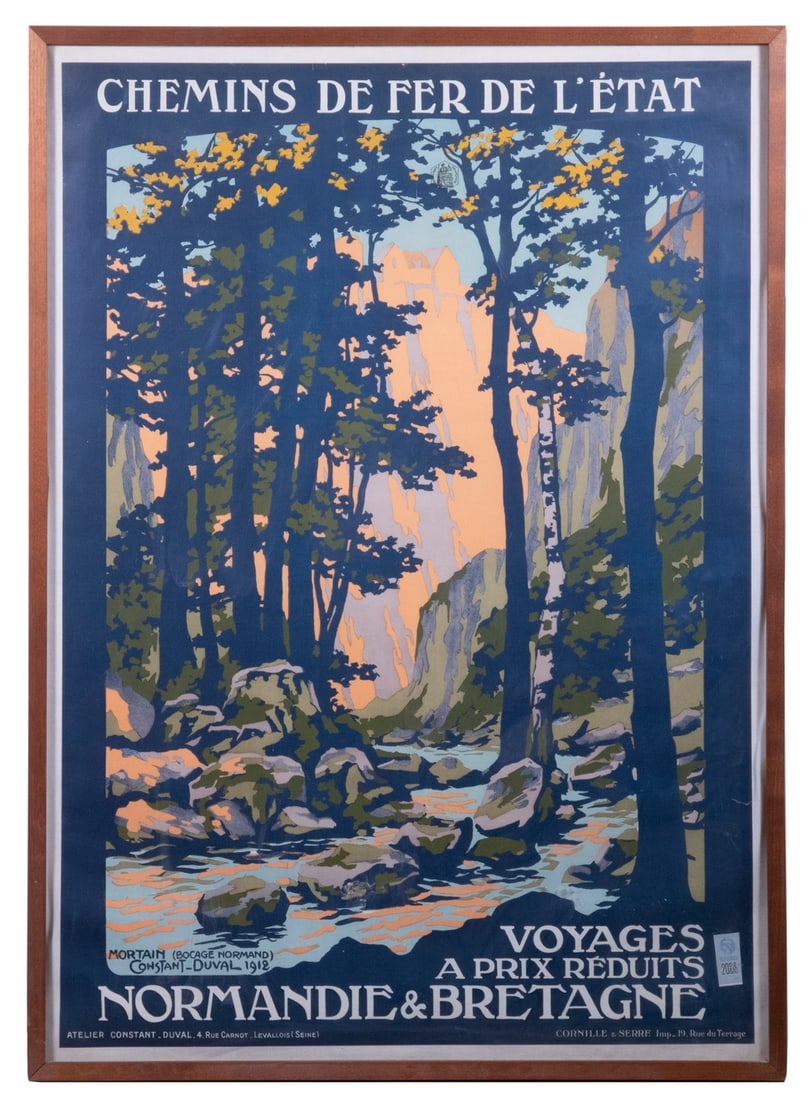 FRAMED FRENCH RAIL TRAVEL POSTER 1912 BY LEON CONSTANT-DUVAL (1877-1956): Chemins de fer de l'Etat (State Railways), "Voyages a prix Reduits Normandie & Bretagne" (Travel at reduced prices Normandy & Brittany), Mortain (Bocage Normand) Leon Constant-Duval, 1912. Linen