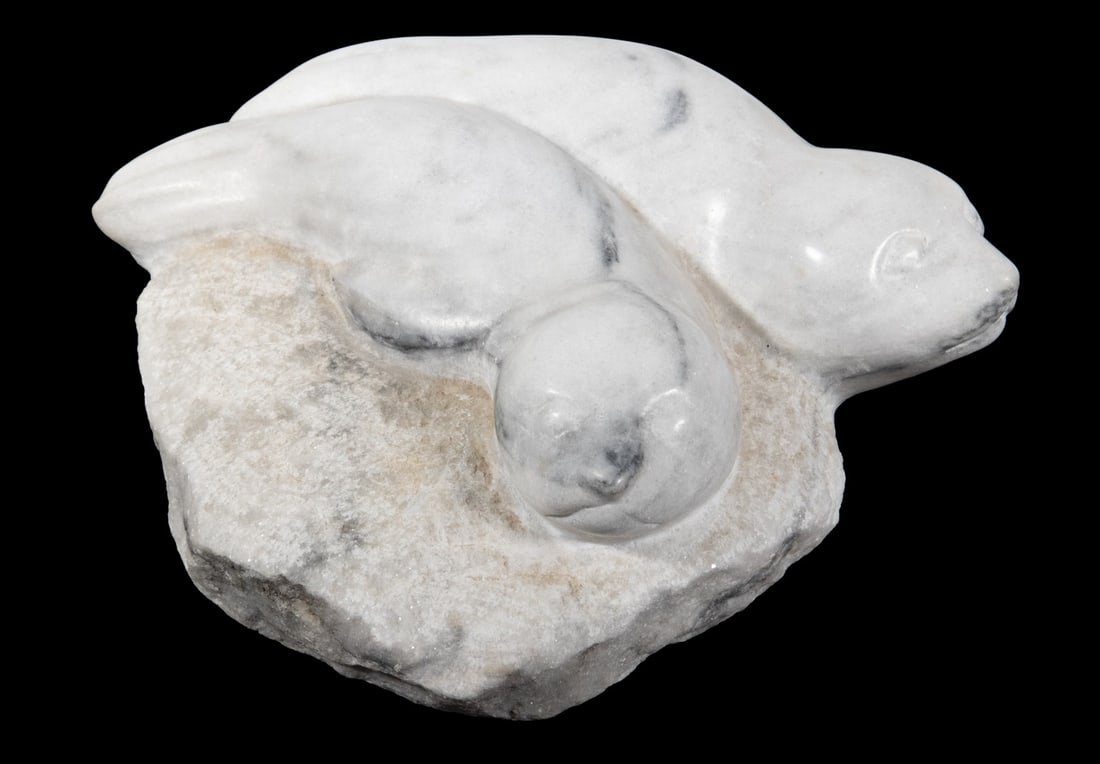 MODERN MARBLE SCULPTURE OF SEALS: Semi Abstract Sculpture of Two Young Seals, in grey streaked white marble, unsigned.Size: 4 x 12 x 10 in. (10.2 x 30.5 x 25.4 cm.)