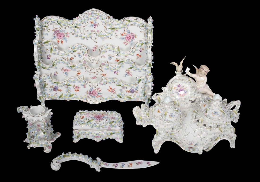 (5 PC) CONTINENTAL PORCELAIN DESK SET: Vintage Group of Rococo Style Desk Accessories, with painted and applied floral decoration, unmarked, incl: Letter holder, 8" high, 10" x 4"; Double inkwell with applied cherub figure and bird, with