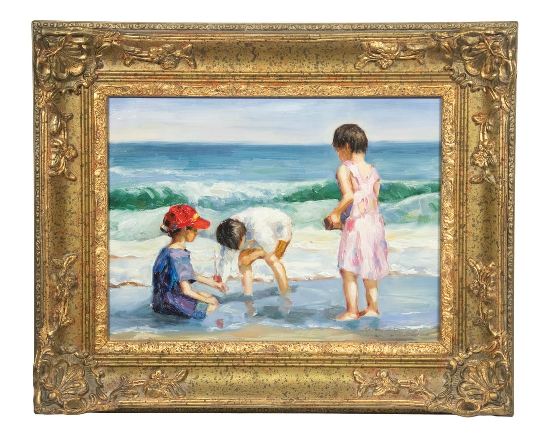 UNSIGNED PAINTING OF CHILDREN: Modern Impressionist Beach Scene with three children playing, oil on canvas in replica gilt matched corner frame.OS: 18 x 22 in. (45.7 x 55.9 cm.), SS: 11 x 15 in. (27.9 x 38.1 cm.)