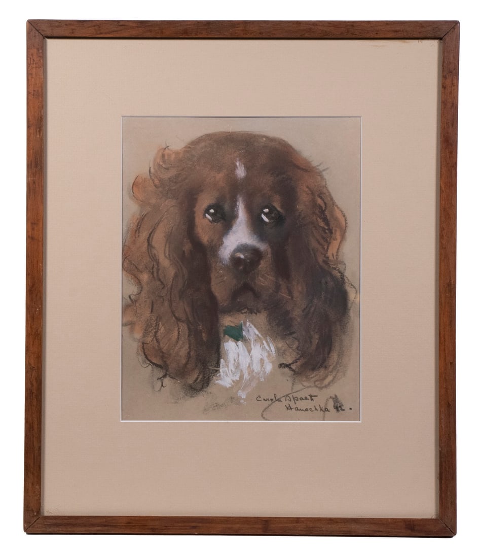 HAUSCHKA CAROLA SPAETH (NJ, 1883-1948): Head Portrait of a King Charles Spaniel, pastel on paper, signed lower right and dated '42, in mahogany stick frame, matted under glass.From the Estate of Bowdoin Professor William Collins