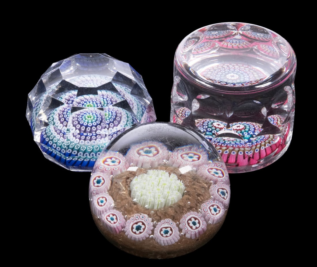 (3) ART GLASS PAPERWEIGHTS: (3) Vintage Millefiori Paperweights, all unmarked, two with cut glass exteriors. One with top scratches. LGST Height: 2 1/2 in. (6.4 cm.), SMST Height: 2 1/4 in. (5.7 cm.)