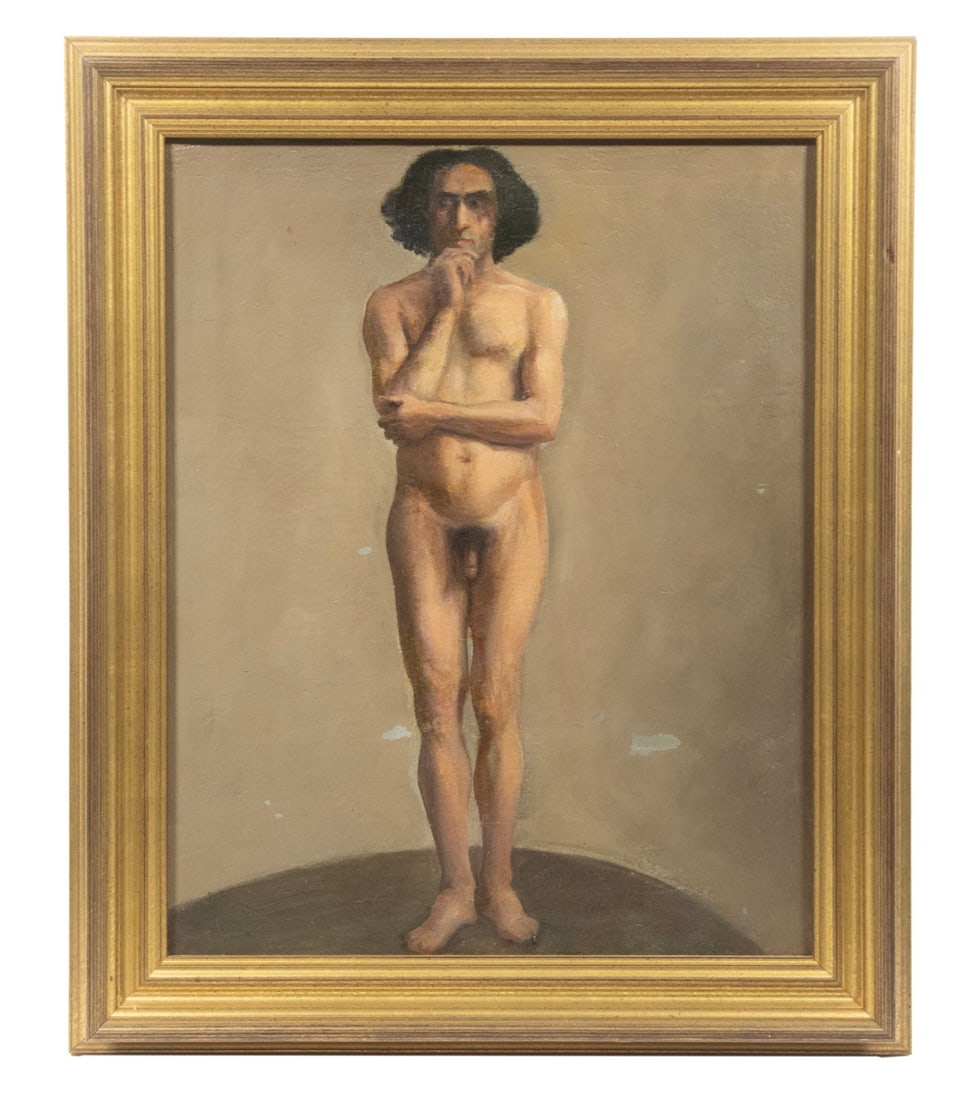 ACADEMIC STUDIO FIGURE STUDY: Standing Male Nude with thick black hair, oil on canvas, unsigned, circa 1900, in gilt molded frames, OS: 24 1/2" x 20 1/2", SS: 19 1/2" x 15 1/2", two scuffs in background.From the private