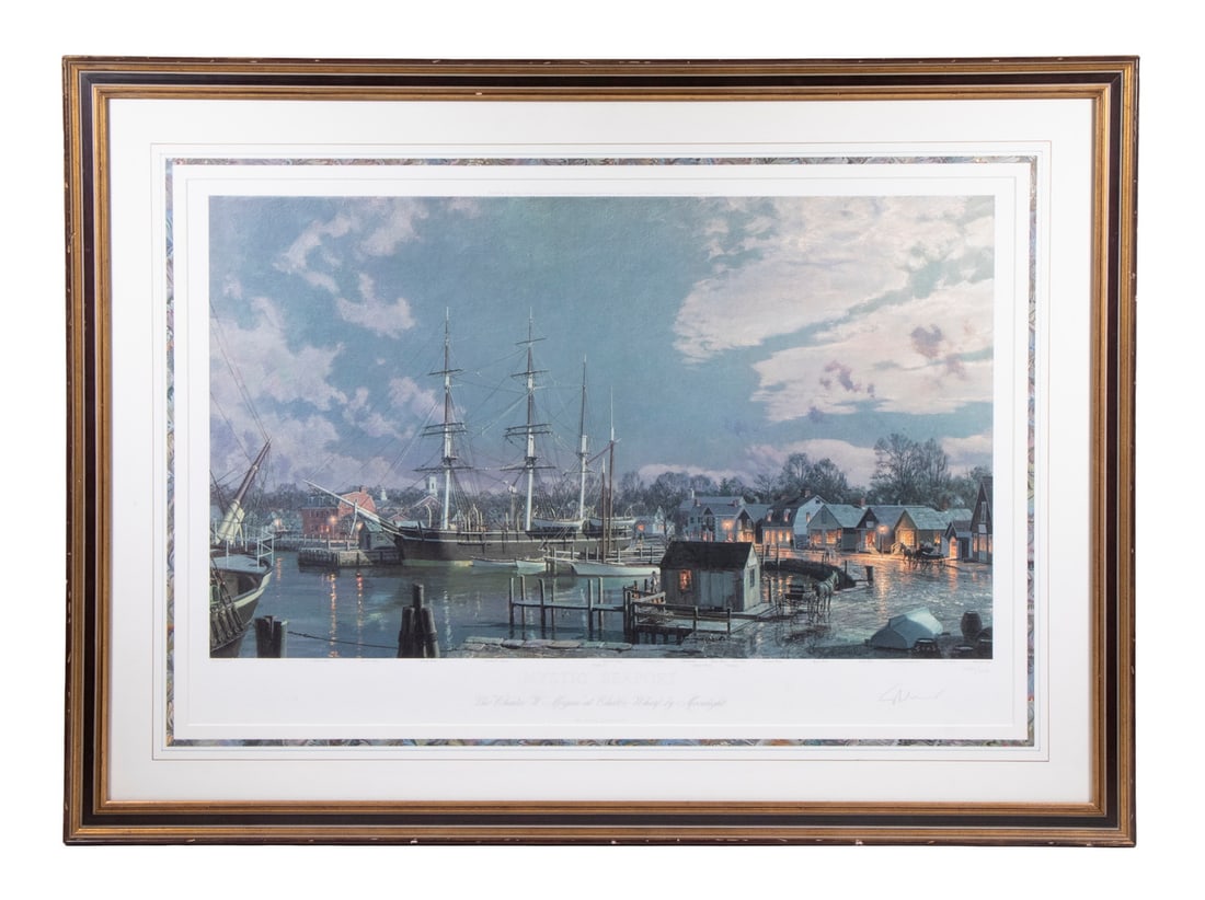 JOHN STOBART (MA/FL/UK, 1929-2023): The Charles W. Morgan at Chubbs Wharf by Moonlight, offset lithograph, pencil signed, numbered 4230/6141, with index of buildings in lower margin, in gold and black molded frame, with french ruled