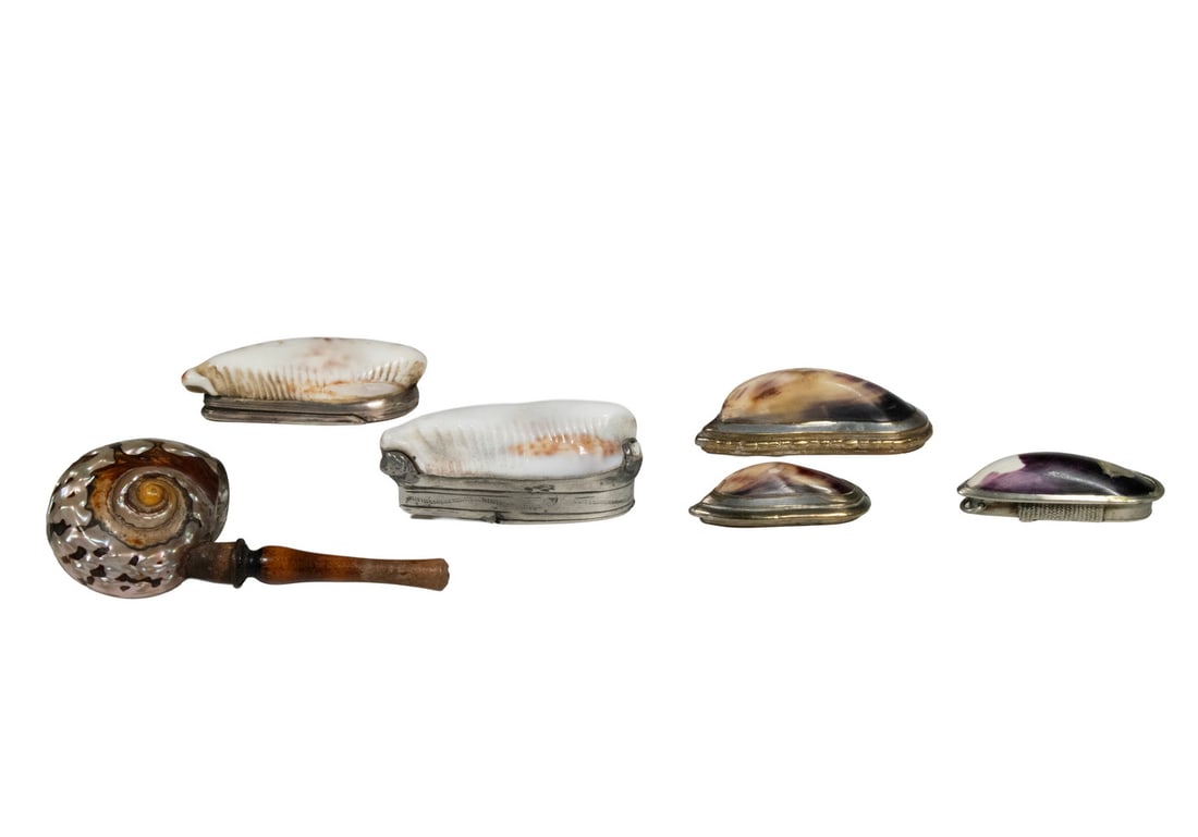 (6) SHELL AND METAL SMOKING ACCESSORIES, INCLUDING PIPE AND SNUFF BOXES: An eclectic group of six smoking-related items, including five snuff or tobacco boxes made from polished natural shells with hinged metal fittings, some engraved, together with one unique tobacco
