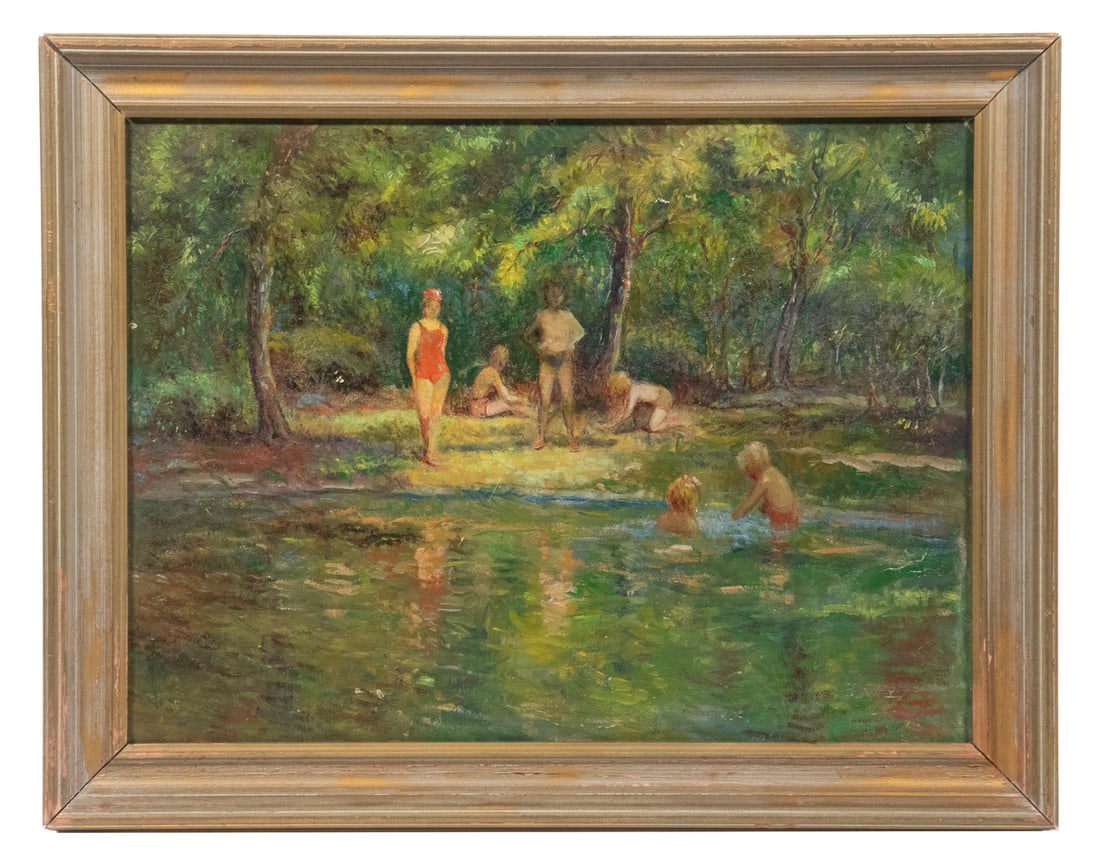 NELSON CHILDREN SWIMMING PAINTING: Summertime Swim, oil on canvas glued to cardboard, unsigned, pencil signed "Nelson" verso, a lakeside scene depicting six children in bathing suits, in a gold-painted wooden frame. Areas of canvas