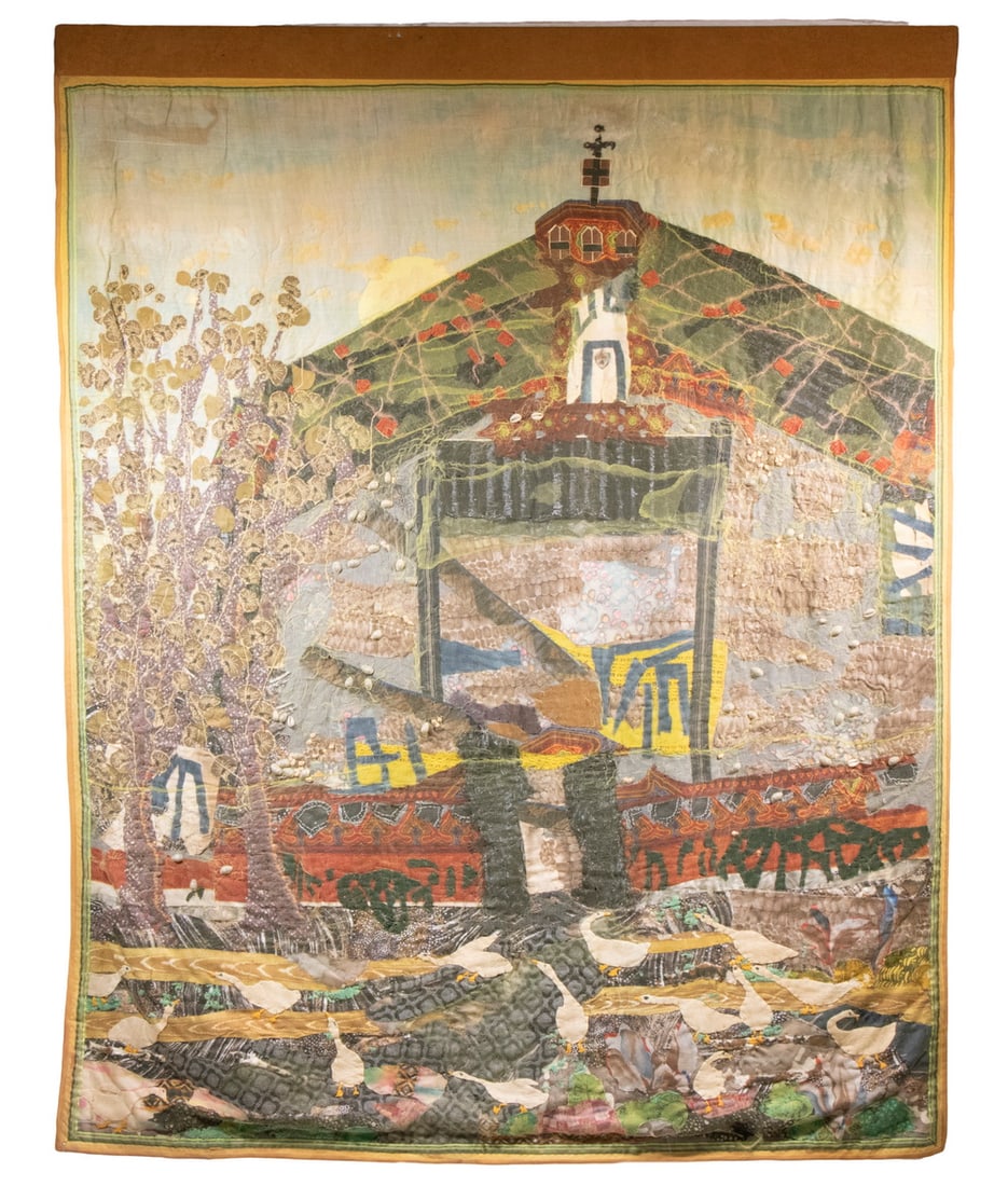 1970'S DANISH FOLK ART WALL HANGING TEXTILE: Featuring a Traditional Danish Church in front of a mountain, surrounded by a lush summer garden, the foreground crowded with geese. Rendered in a wide range of quilted vintage fabrics: silk velvet,