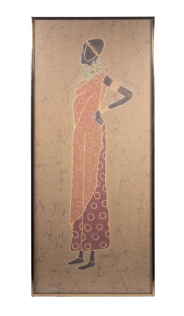 AFRICAN BATIK: Profile Full Length Portrait Maasai Woman Standing with Hands on Hips, batik on silk, in dark brass casement frame, under non-glare glass.OS: 34 x 15 in. (86.4 x 38.1 cm.)