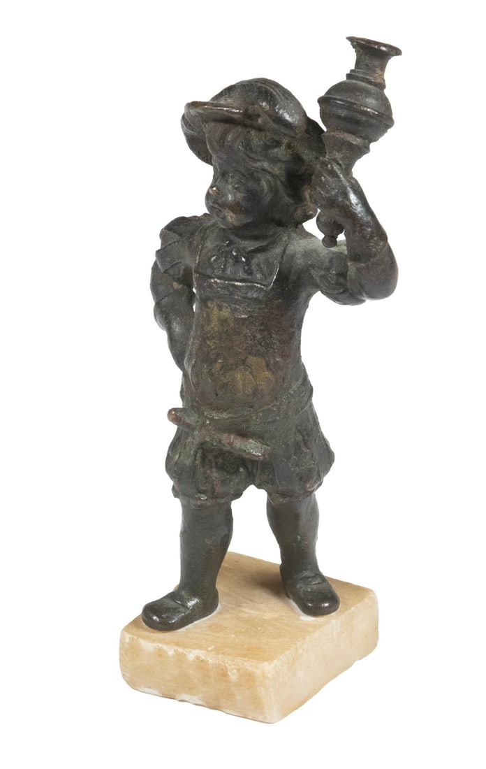 BRONZE SCULPTURE OF BOY RINGING BELL: Patinated Bronze Figure, depicting a standing young man in 17th century attire, a dagger strapped to his waist, the surface with traces of gilding, unmarked, set on a stone base.Figure Only: 4 3/4 x