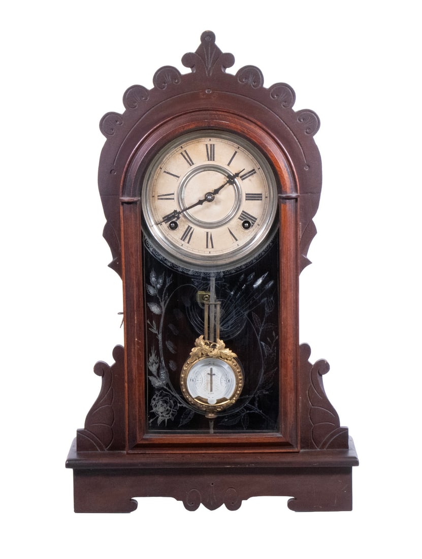 F. KROEBER MANTLE CLOCK, CA 1880: Walnut Case time & strike clock with fancy gilt pendulum, brass works, faux etched glass tablet.OS: 21 x 13 x 4 1/2 in. (53.3 x 33 x 11.4 cm.)