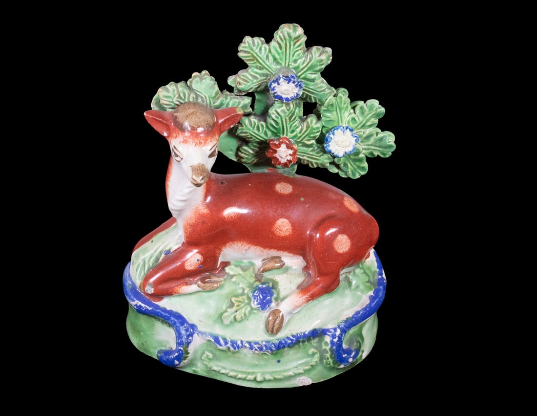 STAFFORDSHIRE PEARLWARE RECUMBENT DEER, C. 1830 (1 of 2)