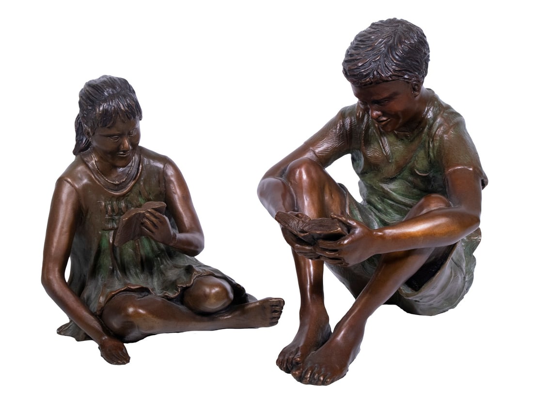 CHRISTOPHER SMITH (ME/TX, 1963 - ): (2) Sculptures of Children Reading, the boy in larger scale, both cast and patinated bronze, both signed, both numbered 2/48.From the estate of Linda Bean.LGST: 11 x 10 x 8 1/2 in. (27.9 x 25.4 x