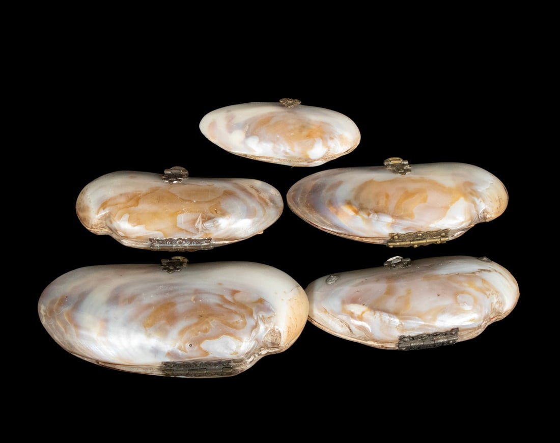 (5) MOTHER-OF-PEARL SHELL PURSES WITH TEXTILE INTERIORS, EARLY 20TH CENTURY: A collection of five novelty purses crafted from natural mother-of-pearl shells, each fitted with a metal hinge and clasp, and lined with colorful silk or woven textile interiors in hues of red,