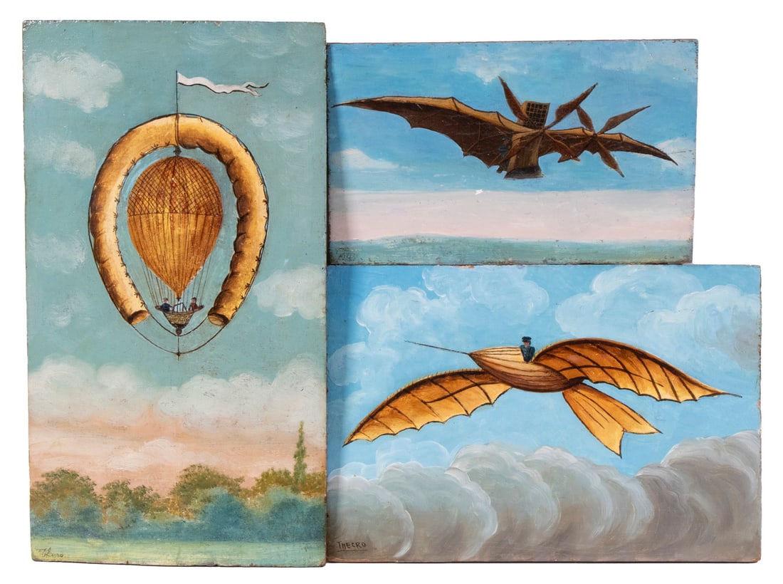 (3) FRENCH HISTORICAL AVIATION PAINTINGS, UNFRAMED: All oil on panel, signd "Thetro", featuring fantasy craft, with faux old notes pasted on back that read "Ballon de Franconville, 16 Janvier 1784, Collection Pinaut No 137", 13 3/4" x 7 1/2", PLUS