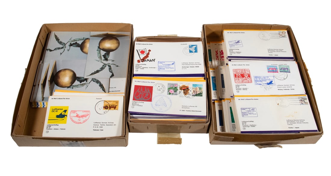 (APPROX 350) LUFTHANSA COMMEMORATIVE FIRST FLIGHT COVERS W/ CACHETS, 1970'S: International Covers with individual flight cachets and cancels, stamps from the country of destination. Sealed with cardstock filers. Loose in boxes. Collected by pilot who worked for Lufthansa.LGST
