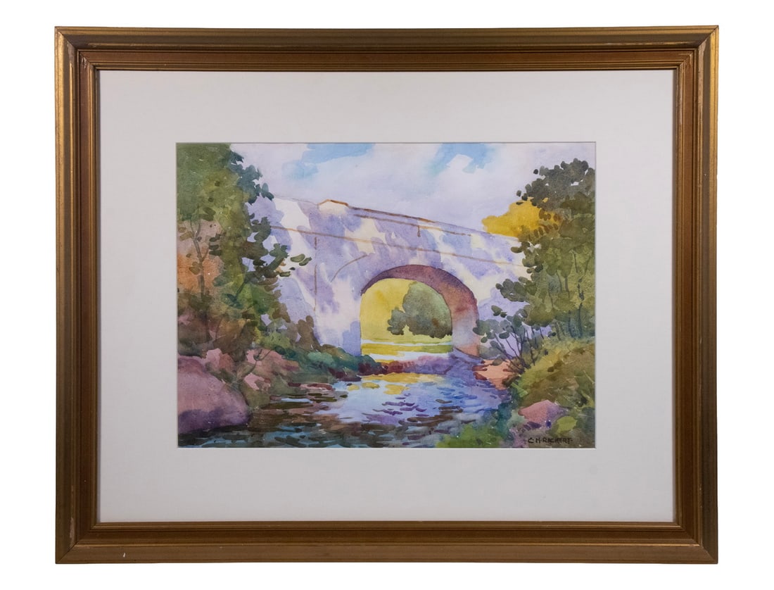 CHARLES HENRY RICHERT (ME/MA, 1880-1974): Single Arch Stone Bridge over stream, watercolor on paper, in dull gold molded frame, matted under UV glass.OS: 25 1/2 x 31 1/2 in. (64.8 x 80 cm.), SS: 14 1/2 x 19 1/2 in. (36.8 x 49.5 cm.)