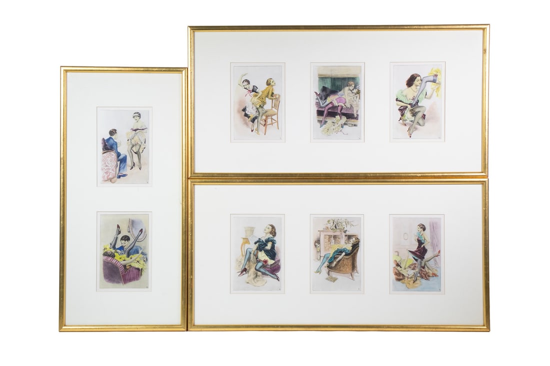 (8) FRENCH EROTIC PRINTS IN (3) FRAMES: Unsigned commercial photolithos taken from 1920s vintage female erotic scenes, unsigned, all in vertical format, with three each in horizontal presentation and one with a pair, in matching gilt bullno