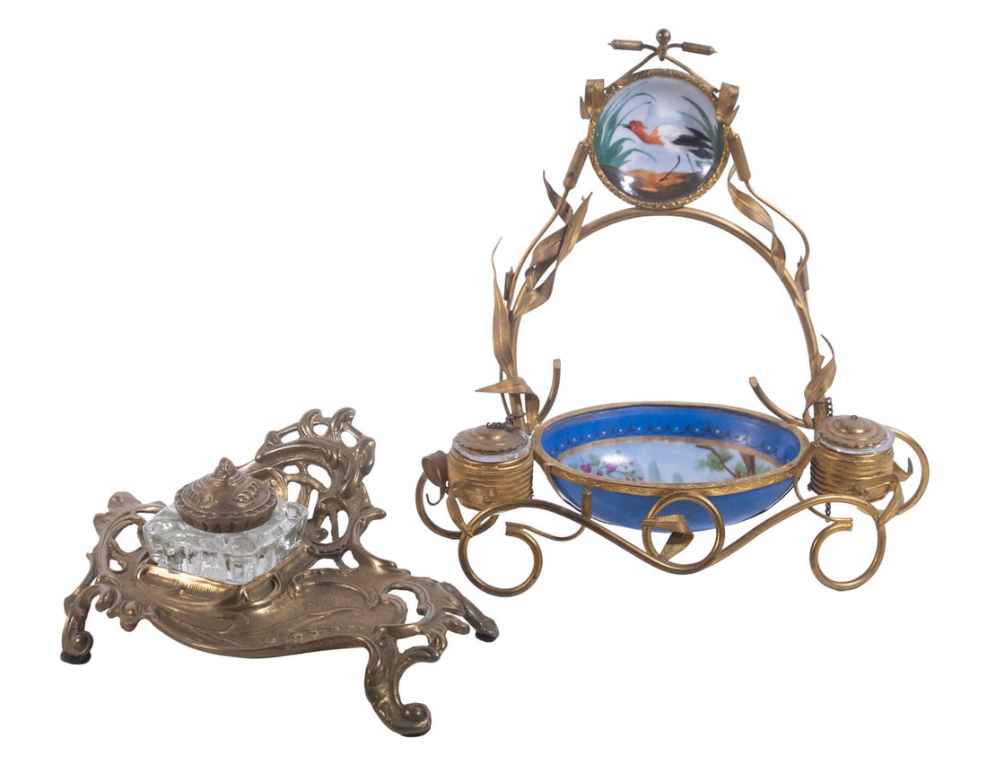 (2) CONTINENTAL GILT BRASS INKWELLS, LATE 19TH CENTURY (1 of 4)