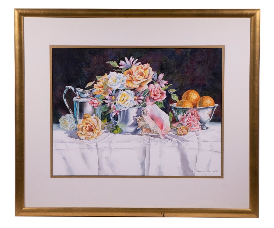 KATHERINE FELL (CONTEMPORARY MAINE): Floral Still Life with Conch Shell, watercolor on Arches, pencil signed and dated '94 lower right, in gold domed frame, matted under plexi.OS: 33 x 38 in. (83.8 x 96.5 cm.), SS: 20 1/2 x 27 in. (52.1