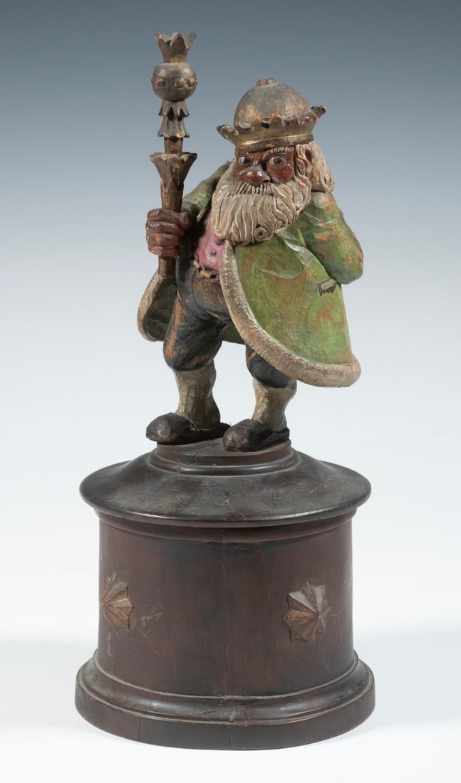 FOLK ART CARVED ST. NICHOLAS FIGURAL BOX: Vintage Hand Carved Round Box, topped with a polychrome painted standing rotund bearded gent with crown and scepter, holding a pipe behind his back, the side decorated with eight sided raised stars,