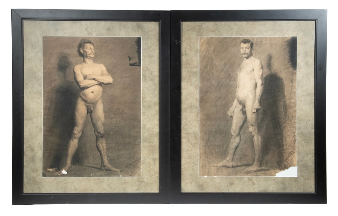 PAIR OF 19TH C. ACADEMIC FIGURE DRAWINGS, FRAMED: Studies of Standing Male Nudes, charcoal on paper, both unsigned but dated 21 November 1885, probably New York school, in modern black panel frames, matted under glass. loss to lower corner and