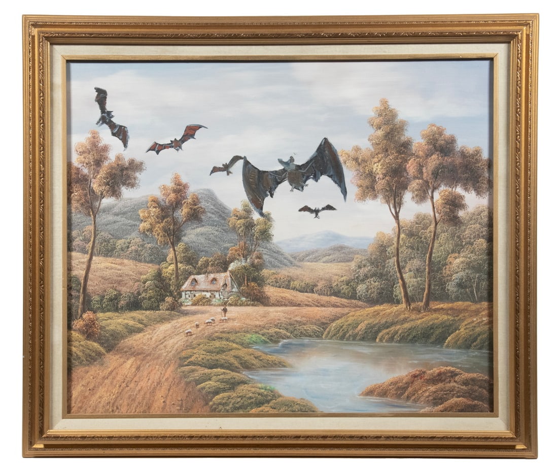 HALLOWEEN THEMED PAINTING: Commercial British Style landscape painting with overpainted bats looming in sky, oil on canvas, signed lower right, housed in gilded molded frame with linen liner.From the private collection of
