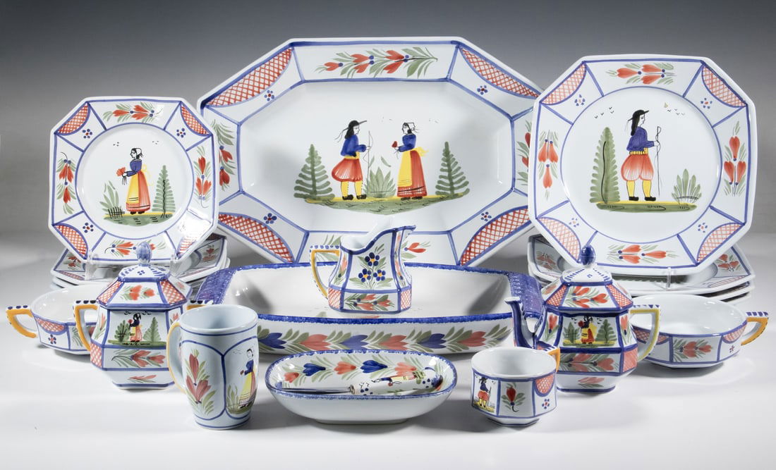 (38 PCS) QUIMPER POTTERY DINNERWARE: (38) Piece Group of French Hand Painted Pottery Dishes, most in the "Mistral Blue" pattern, incl: Serving platter, 17" x 11 1/2"; (4) Dinner plates, 10" diam., (4) Salad plates, 7 3/4" diam.; (4)