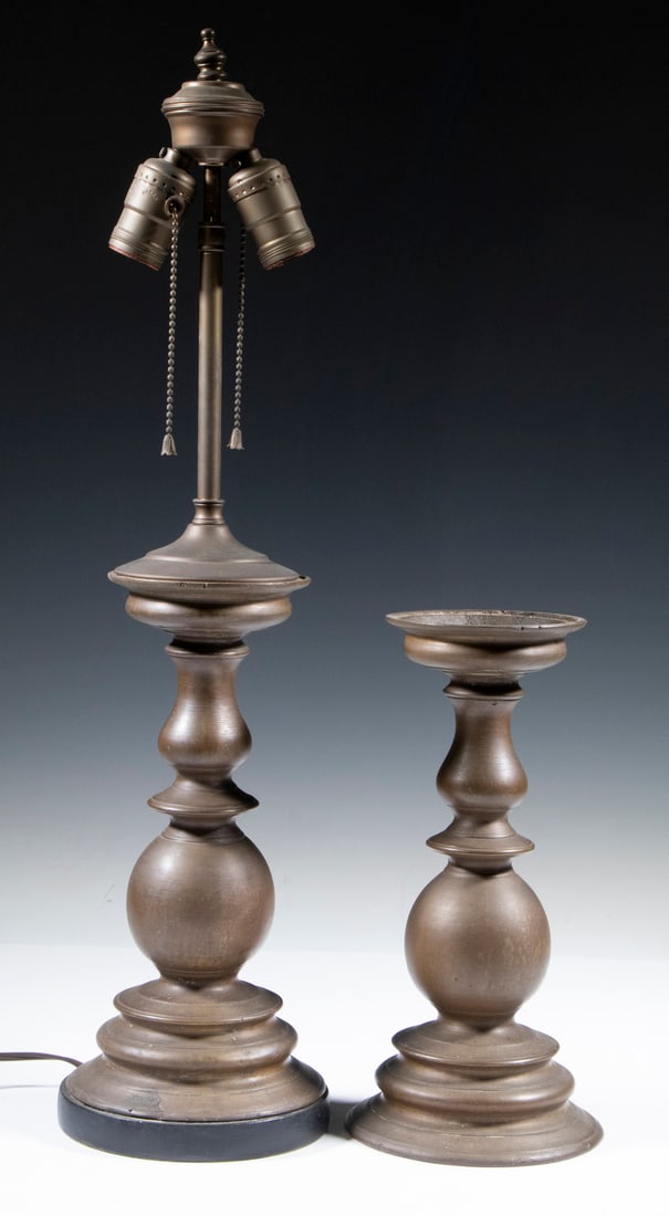 PR BRONZE TABLE LAMPS: Pair of Vintage Bronze Baluster Form Lamps, double socket fixtures with chain pulls and in-line switches.Overall Height: 23 in. (58.4 cm.), Base Height: 14 1/2 in. (36.8 cm.)