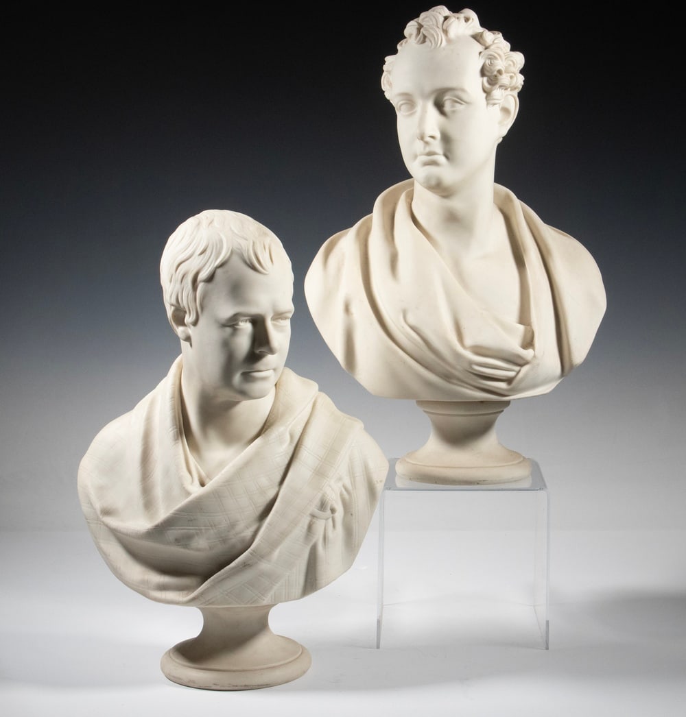 COPELAND PARIAN BUSTS - LORD BYRON & SIR WALTER SCOTT: Lot of (2) 19th c. English Parian Porcelain Busts, both raised on waisted socle bases and with impressed "Copeland" mark and "L81", including: Lord Byron, after an original work by Edward Hodges