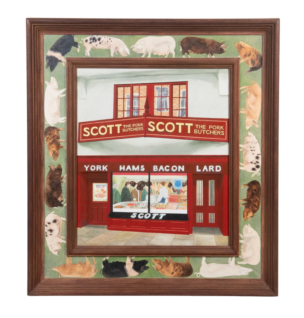 RICHARD PARKER (LATE 20TH C. LONDON): Scott, The Pork Butchers, 1981, oil on board, titled and dated on label verso from Portal Gallery, Grafton and Bond Streets, London, in walnut molded frame with border of painted pigs, secondary