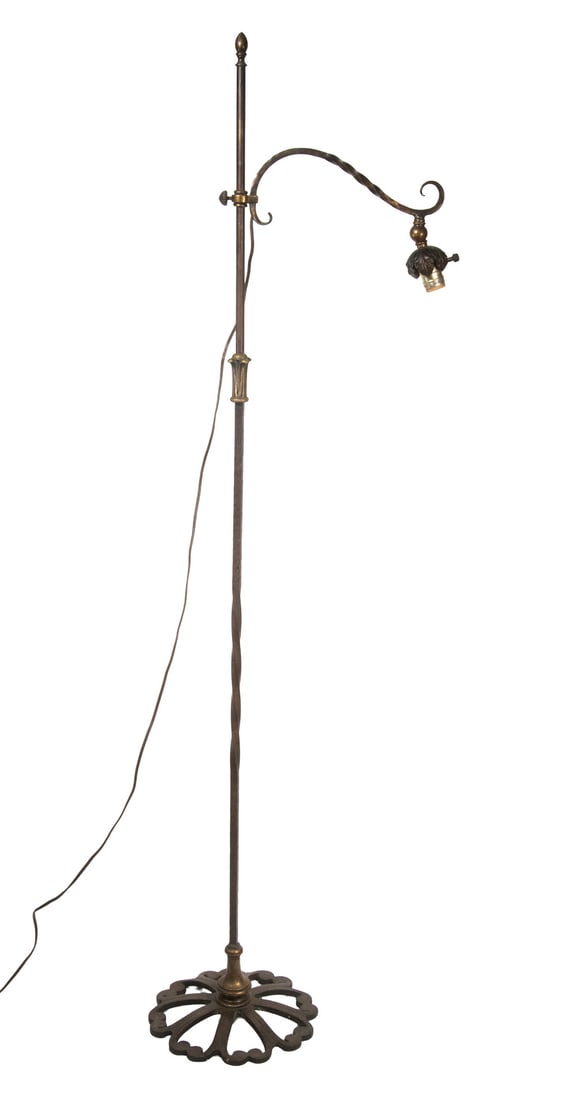 CIRCA 1930 IRON ADJUSTIBLE BRACKET FLOOR LAMP: Hammered Iron Floor Lamp with gold painted details, having pierced round lappet foot, square twisted stem, intermediate feather top stop for bracket which adjusts by locking knob over the round