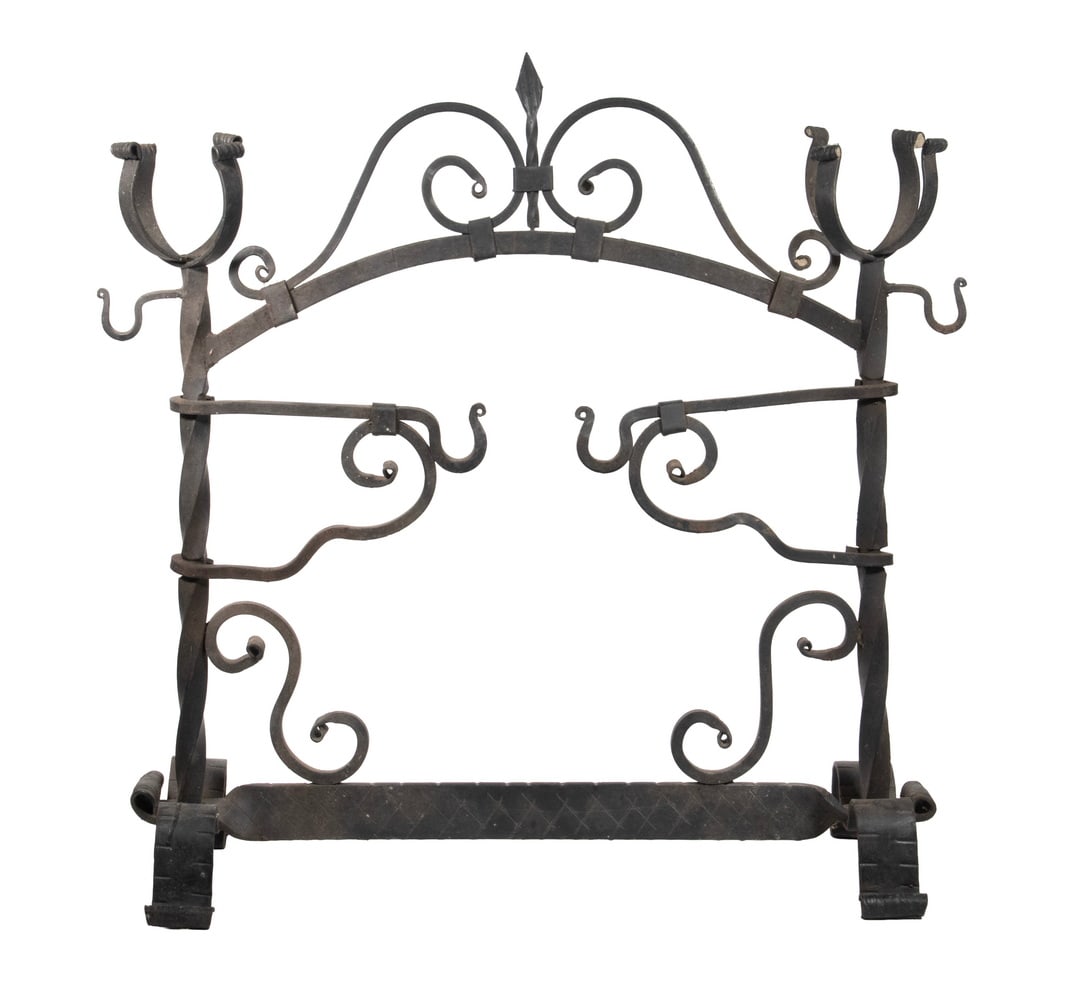 ANTIQUE FORGED IRON FIREPLACE STAND: Hand Crafted Fireplace Insert, fancy scrolled design, with side hooks and hinged pot holders, set on scrolled feet.28 x 29 x 10 1/2 in. (71.1 x 73.7 x 26.7 cm.)
