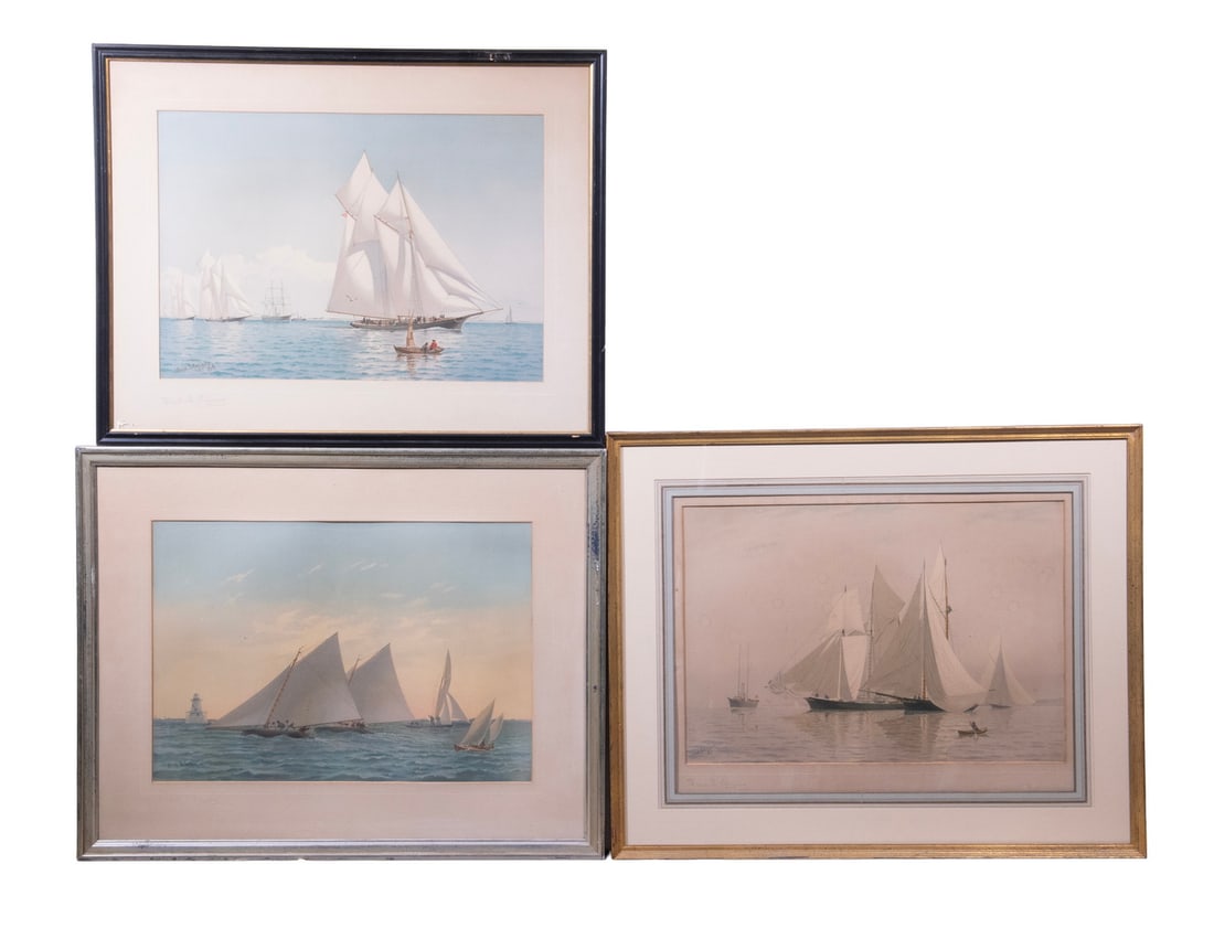 FREDERIC SCHILLER COZZENS (NY, 1896-1928): Three Schooner and Yacht Portraits, chromolithographs, two are signed on the mats, the frames vary in finish and size.Each, Apx SS: 14 x 20 in. (35.6 x 50.8 cm.)