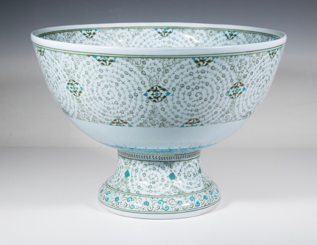 IZNIK DESIGN PUNCH BOWL BY ADNAN HOCA ERGULER: Turkish Glazed Pottery Footed Bowl, in the "Golden Horn" pattern, by master ceramic artist Adnan Hoca Erguler (d. 2016), retailed by Iznik Classics, Istanbul, with Arabic artist signature on the base