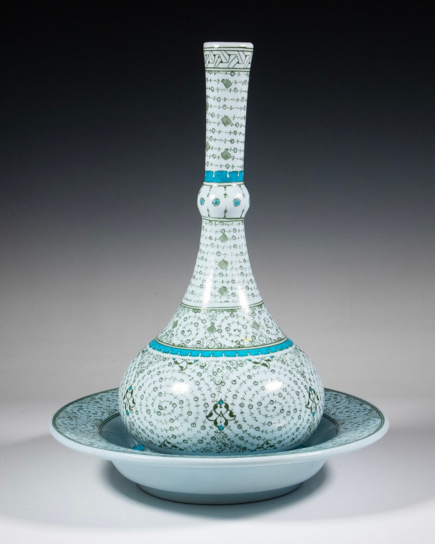 IZNIK DESIGN TURKISH VASE & BASIN BY ADNAN HOCA ERGULER: Glazed Pottery Tall Bottle Form Vase and Matching Basin, in the "Golden Horn" pattern, by Turkish master ceramic artist Adnan Hoca Erguler (d. 2016), retailed by Iznik Classics, Istanbul, both pieces