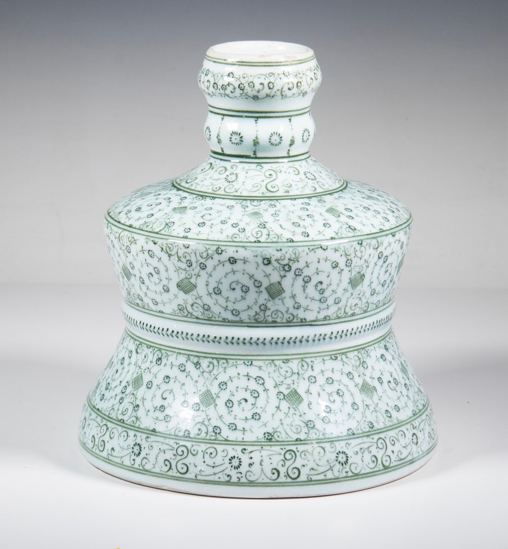 IZNIK DESIGN CANDLESTICK BY ADNAN HOCA ERGULER: Turkish Glazed Pottery Candleholder in the "Golden Horn" pattern, by master ceramic artist Adnan Hoca Erguler (d. 2016), retailed by Iznik Classics, Istanbul, with Arabic artist signature on the