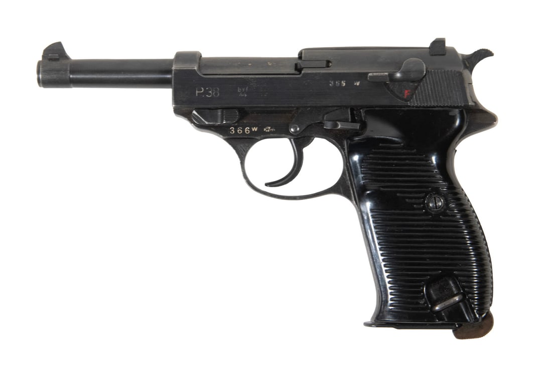 MAUSER P38 PISTOL, 9mm LUGER: An offering of a highly collectible P38 pistol made by Mauser in Oberndorf, Germany. The pistol bears the manufacturer code "BYF/44" indicating it was manufactured by Mauser in 1944. The pistol