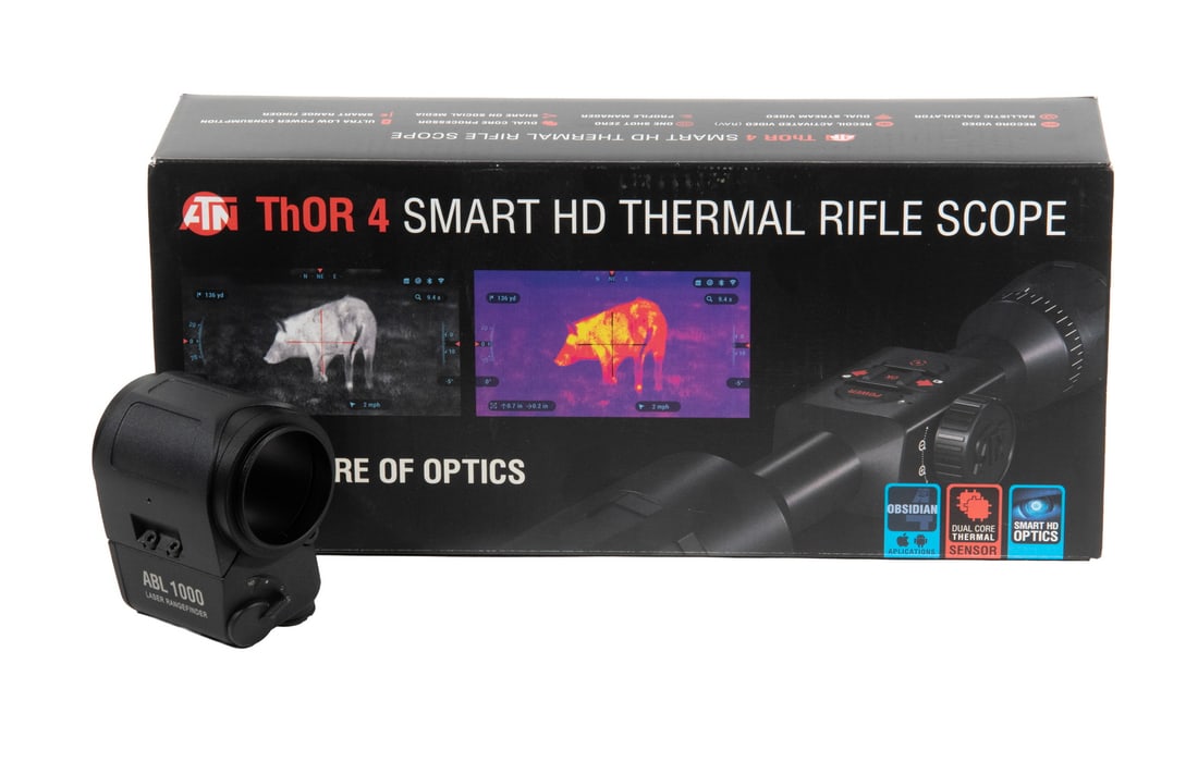 ATN THOR 4 384 THERMAL SMART SCOPE w/ ABL 1000 LASER RANGEFINDER: An offering of an impressive Thermal scope made and distributed by ATN. The scope, beyond thermal imaging at 1.25x-5x magnification, hosts a range of other features to include: ballistic calculator,