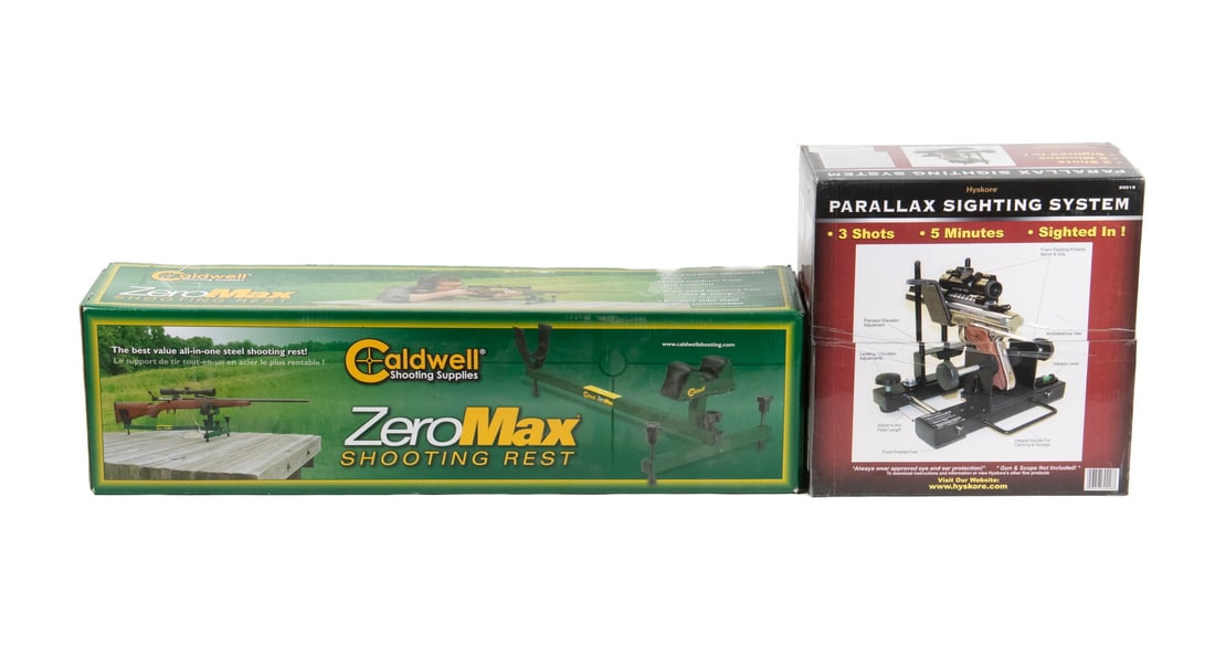 (2) SIGHTING RESTS FOR FIREARMS: A set of two, brand new in box, sighting rests. Includes the Caldwell Shooting Supplies "ZeroMax" shooting rest for rifles and shotguns and the Hyskore Parallax Sighting System for pistols and