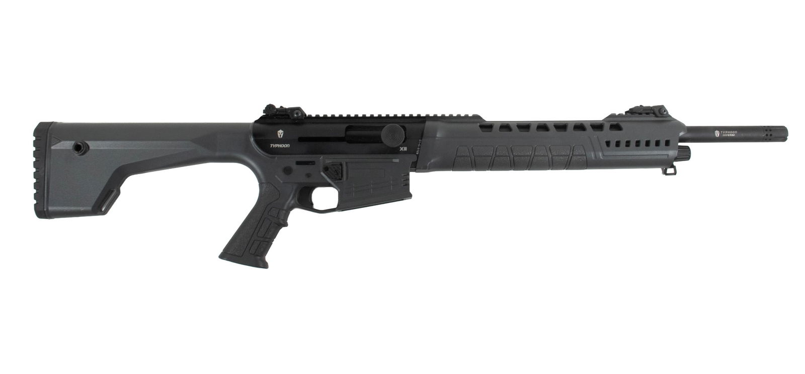 TYPHOON X11 SEMI-AUTO SHOTGUN, 12 GA: An offering of a Turkish made box-magazine fed shotgun distributed by Typhoon Industries. The firearm features a black finish to barrel and receiver housed in gray plastic furniture. Sights consist