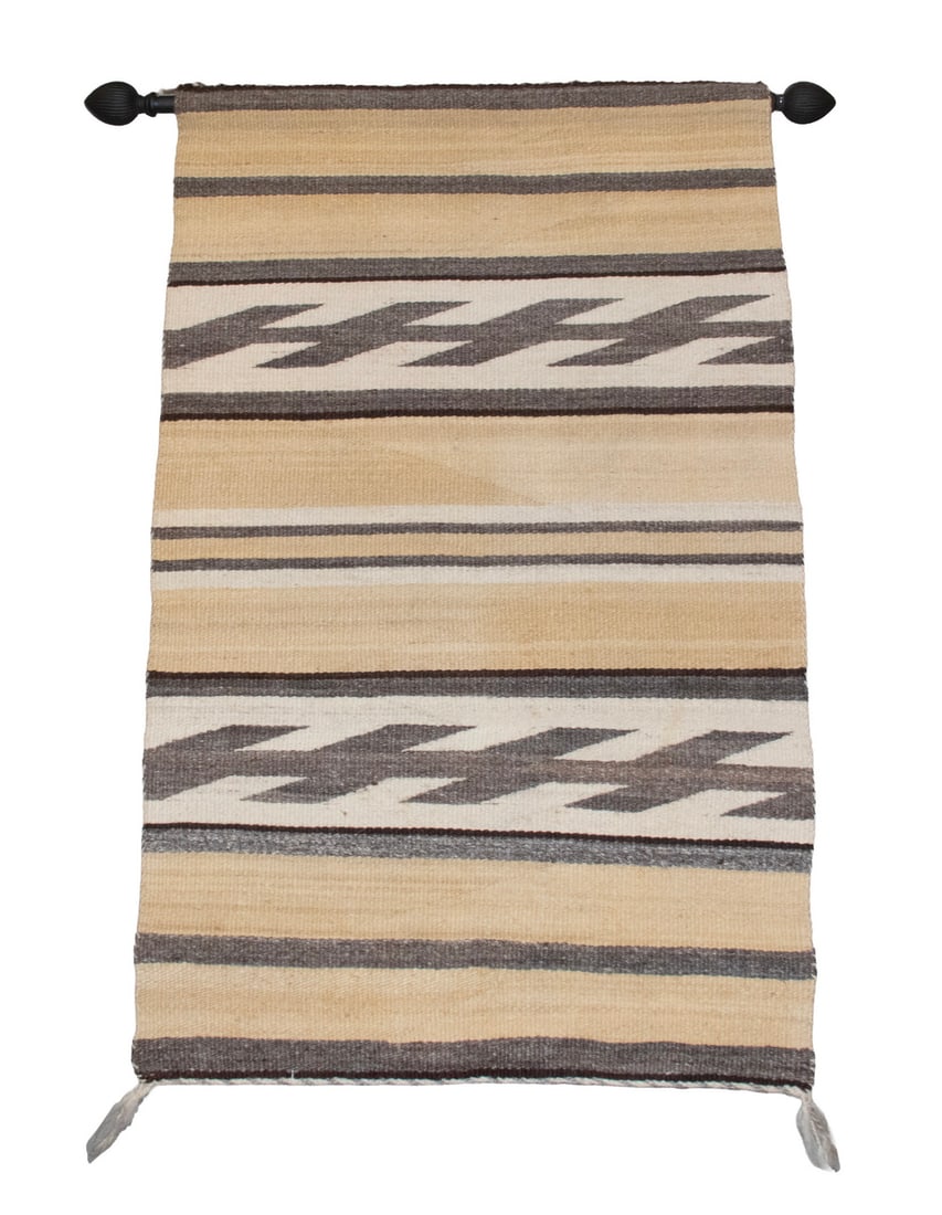 NAVAJO RUG WITH IRON HANGER (44" x 28"): Sand, Grey and White Striped. OS: 44 x 28 in. (111.8 x 71.1 cm.), Hanger Length: 38 in. (96.5 cm.)