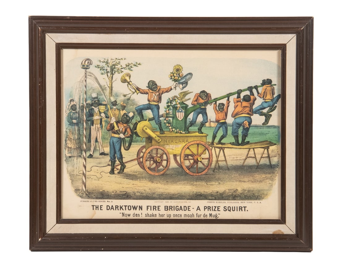 1885 CURRIER & IVES PRINT BLACK AMERICANA FIREMEN: The Darktown Fire Brigade - A Prize Squirt: Now den! shake her up once moah fur de Mug,Currier and Ives 1834 - 1907, series No. 3, published by Joseph Koehler, 1893 - 1912, chromolithograph, 1885. In