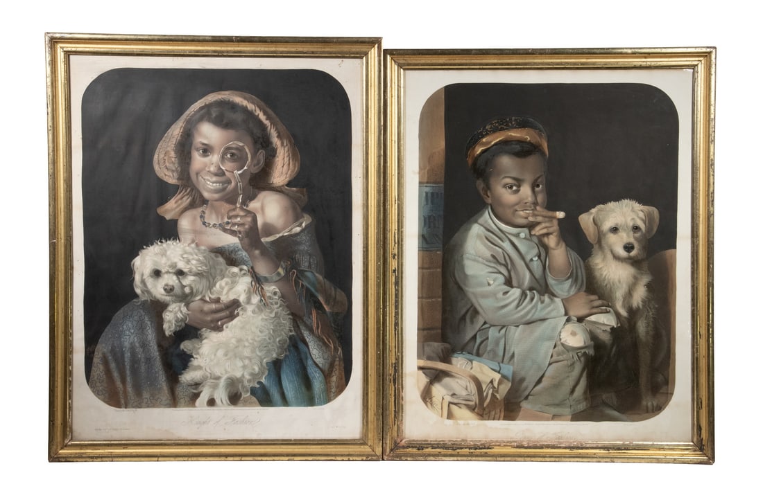 LILLY MARTIN SPENCER PAIR OF BLACK AMERICANA PRINTS: Height of Fashion (girl) & "Power of Fashion" (boy), dated 1854, depicting street urchins in make-believe outfits, the girl with a lapdog and homemade lorgnette, the boy with mutt and cigar, color