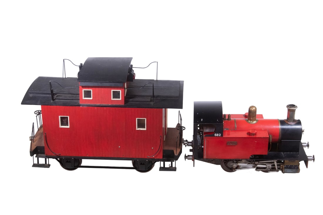 LARGE LIVE STEAM MODEL OF RAILROAD YARD ENGINE WITH CABOOSE: Saddle Tank Locomotive "Ajax" built by Geoffrey D. Roberts of Belmont, Mass., from (8) included sheets of blueprints of the original by Dick Simmonds & Co, Erith, Kent (now Greater London). The oiler