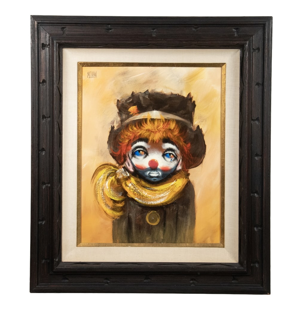 PAUL MICHAN (FRANCE, 1919 - ?): Vintage Kitsch Big Eyes Sad Clown Oil Painting, oil on canvas, signed upper left, in Mexican frame with linen liner.OS: 30 x 26 in. (76.2 x 66 cm.), SS: 19 1/2 x 15 1/2 in. (49.5 x 39.4 cm.)