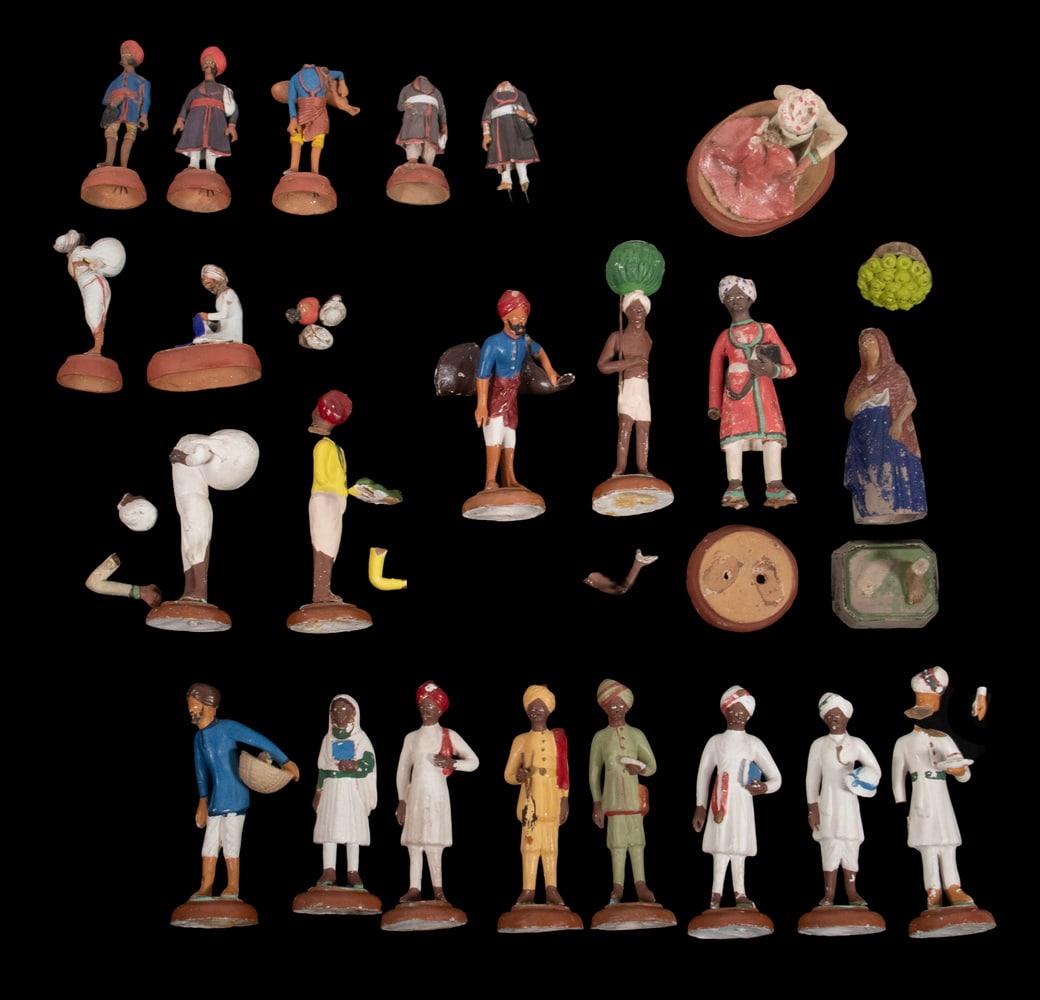 (22) 19TH C. BRITISH COLONIAL INDIA CLAY FIGURES & PHOTO: Casein Painted Terra Cotta Figures of Indian Civilians and British East India Co. Sepoy Soldiers, including some market figures. 3" to 5" tall, in various conditions with breakage but having all