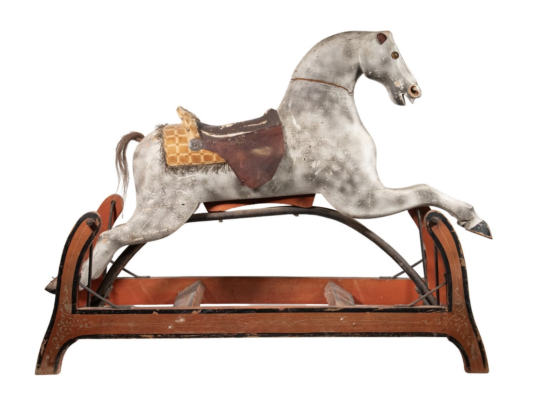 19TH C. CARVED & PAINTED ROCKING HORSE: Wooden Rocking Horse Glider Toy, unlabeled but likely by the Whitney Reed Chair Company, Leominster, MA, with dappled grey painted surface, leather and fabric saddle remnants, remnants of leather ears