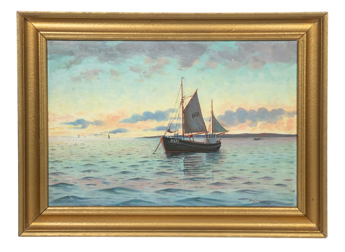 DANISH COASTAL PAINTING SIGNED: Single Fishing Sailboat Moored Off Shore, oil on canvas, signed lower right, in gold cove frame.OS: 17 x 23 in. (43.2 x 58.4 cm.), SS: 13 x 19 in. (33 x 48.3 cm.)
