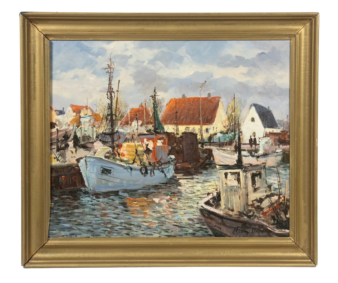 UNIDENTIFIED DANISH MARINE PAINTER: Harbor Town with Working Boats, oil on canvas, illegibly signed lower right, late 20th c. In gold cove frame (broken).OS: 19 1/2 x 23 in. (49.5 x 58.4 cm.), SS: 15 x 18 1/2 in. (38.1 x 47 cm.)