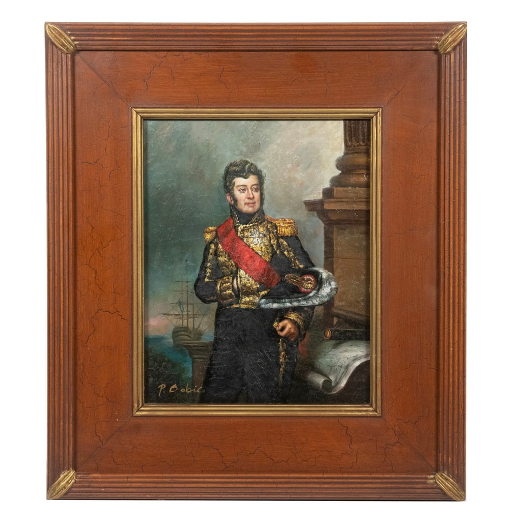 COPY OF EARLY 19H C. FRENCH MILITARY PORTRAIT: Three-quarter length portrait of a French Napoleonic Admiral with flagship behind, oil on canvas laid to ply, signed "P. Babic" lower left, in terra cotta and gold panel frame.OS: 16 x 14 in. (40.6 x